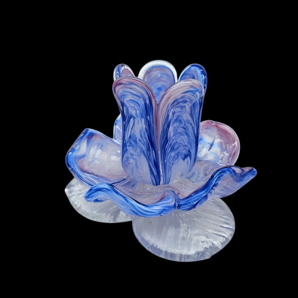 End of Day Art Glass Flower Candle Holder Swirl Pink Blue 3